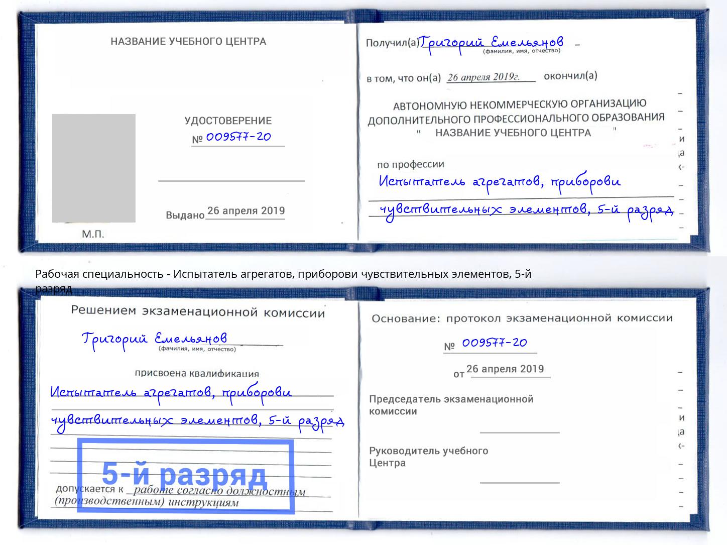 корочка 5-й разряд Испытатель агрегатов, приборови чувствительных элементов Апатиты