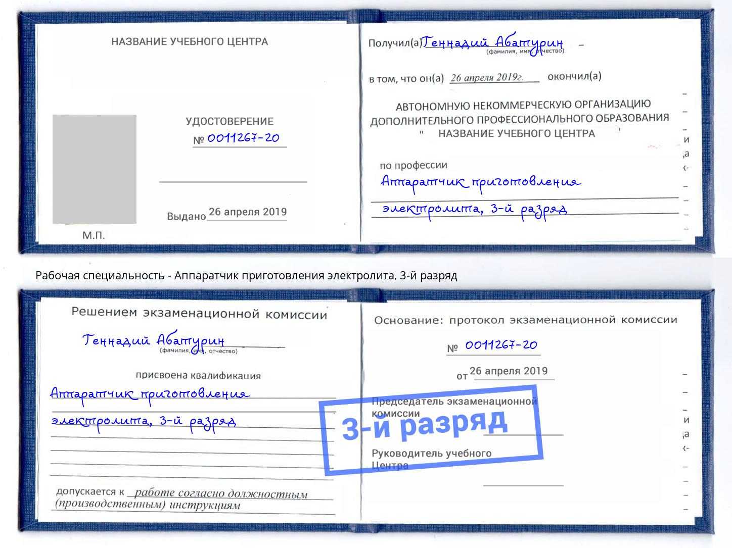 корочка 3-й разряд Аппаратчик приготовления электролита Апатиты