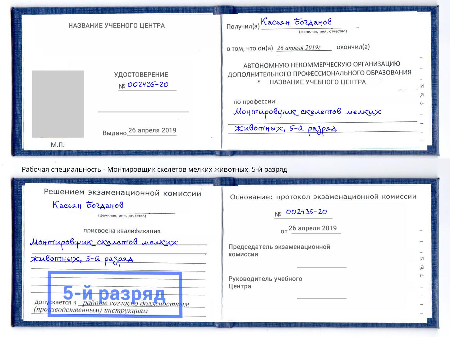 корочка 5-й разряд Монтировщик скелетов мелких животных Апатиты