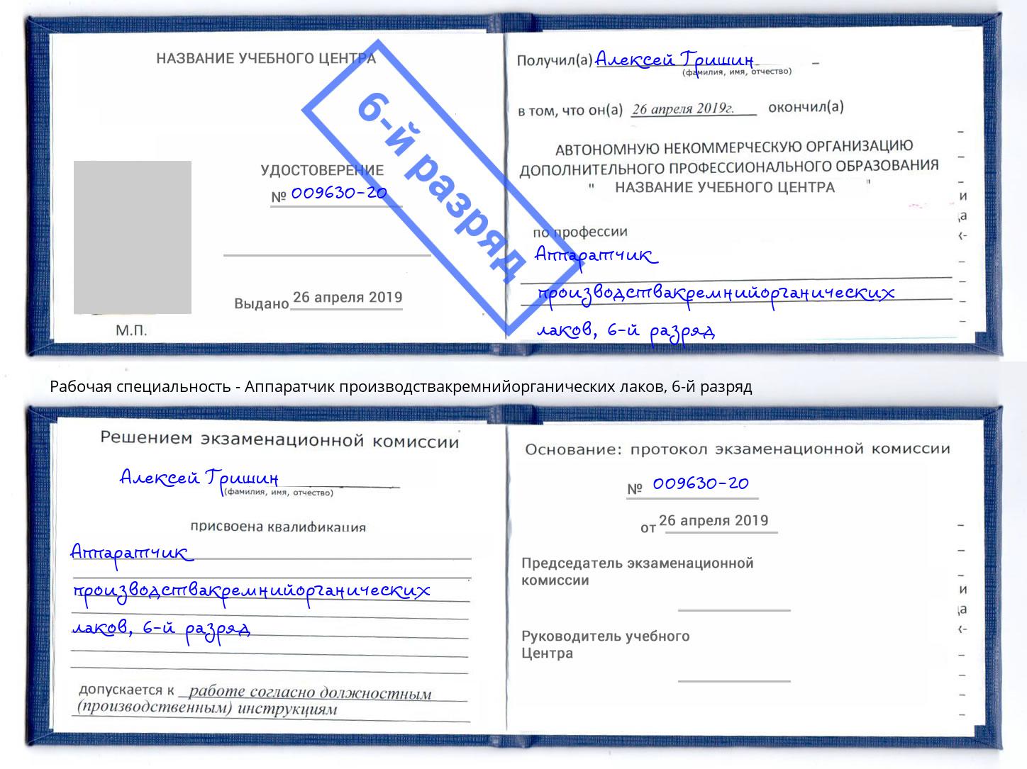 корочка 6-й разряд Аппаратчик производствакремнийорганических лаков Апатиты