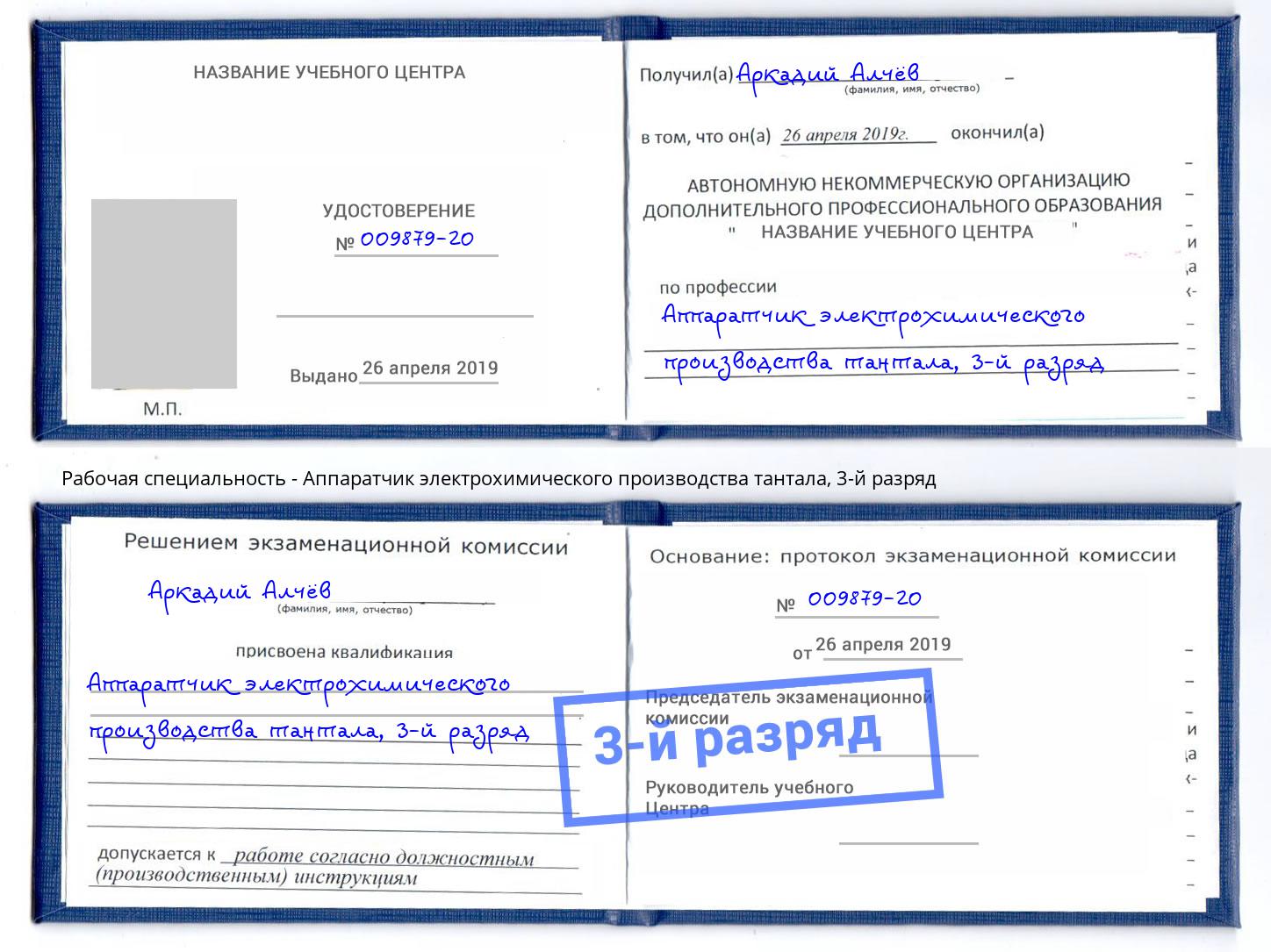 корочка 3-й разряд Аппаратчик электрохимического производства тантала Апатиты