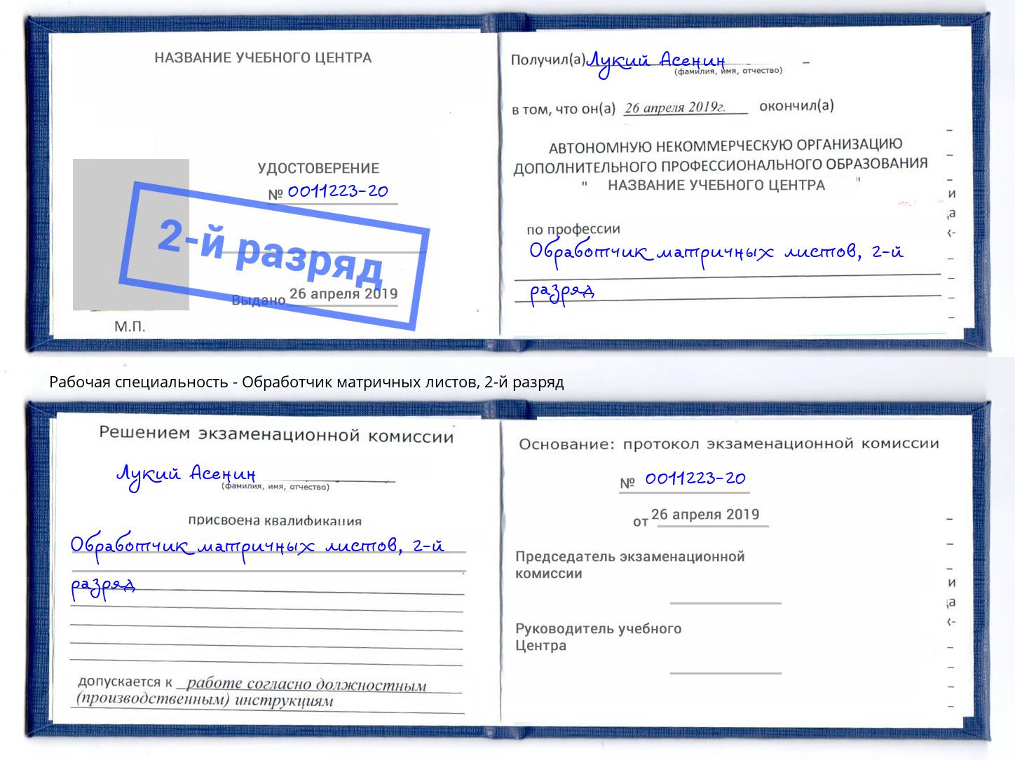 корочка 2-й разряд Обработчик матричных листов Апатиты