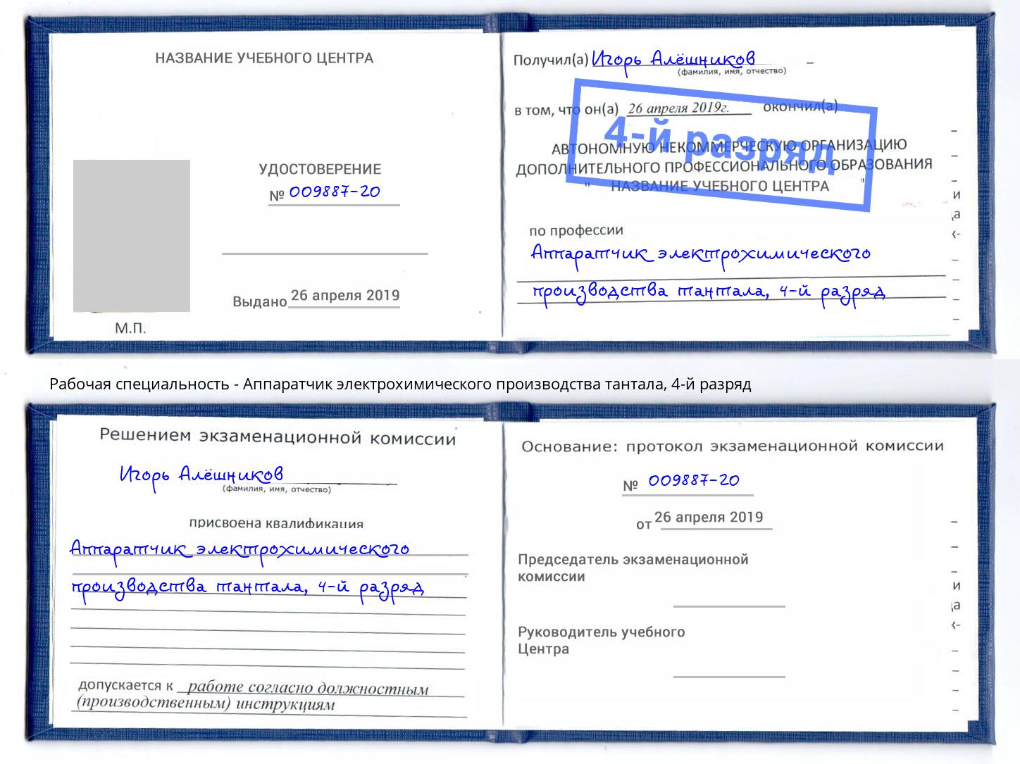 корочка 4-й разряд Аппаратчик электрохимического производства тантала Апатиты